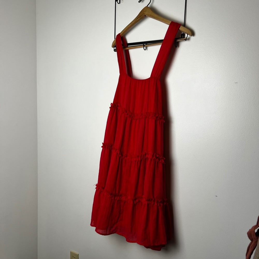 Mulla Coral Pink Red Linen Blend Tiered Ruffle Mini Dress Lace Up Back Womens S